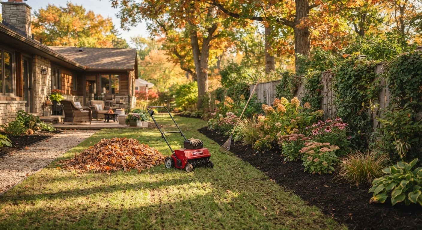 A backyard lawn being prepared for winter with raked leaves, mulched garden beds, and aeration tools in autumn light.