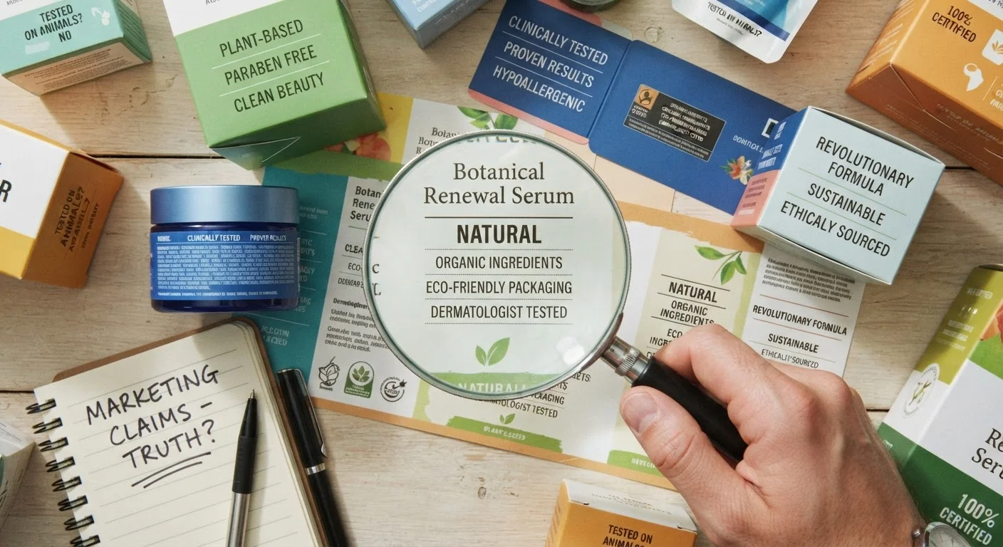 Product packaging labels showing marketing terms like natural, eco-friendly, and clinically tested under a magnifying glass